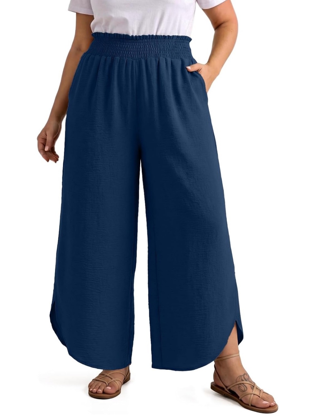 Feiersi Dark Blue Flowy High Waisted Cropped Wide Leg Pants Summer Large
